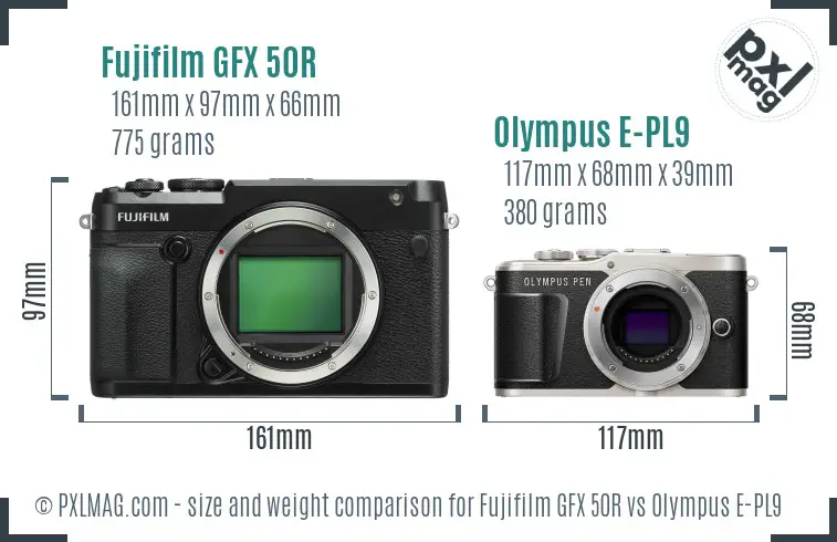 Fujifilm GFX 50R vs Olympus E-PL9 size comparison