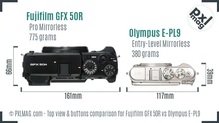 Fujifilm GFX 50R vs Olympus E-PL9 top view buttons comparison