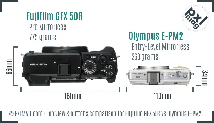 Fujifilm GFX 50R vs Olympus E-PM2 top view buttons comparison