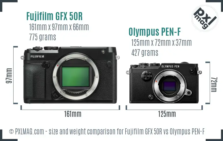 Fujifilm GFX 50R vs Olympus PEN-F size comparison