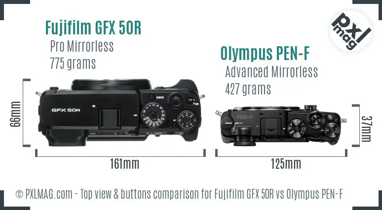 Fujifilm GFX 50R vs Olympus PEN-F top view buttons comparison