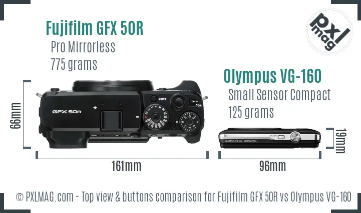 Fujifilm GFX 50R vs Olympus VG-160 top view buttons comparison