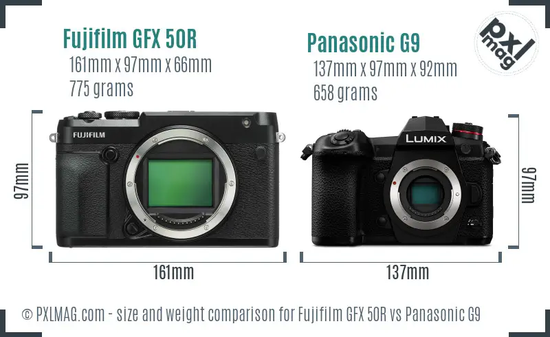 Fujifilm GFX 50R vs Panasonic G9 size comparison
