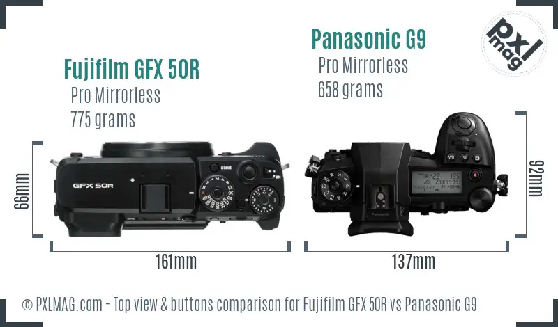 Fujifilm GFX 50R vs Panasonic G9 top view buttons comparison