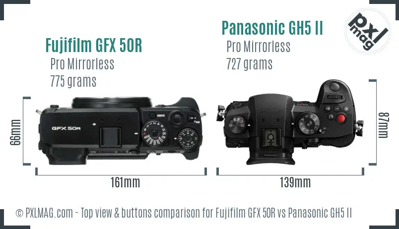 Fujifilm GFX 50R vs Panasonic GH5 II top view buttons comparison