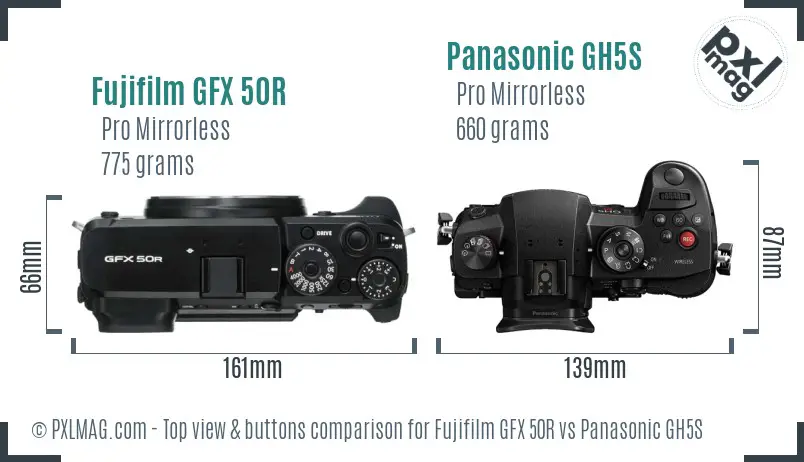Fujifilm GFX 50R vs Panasonic GH5S top view buttons comparison