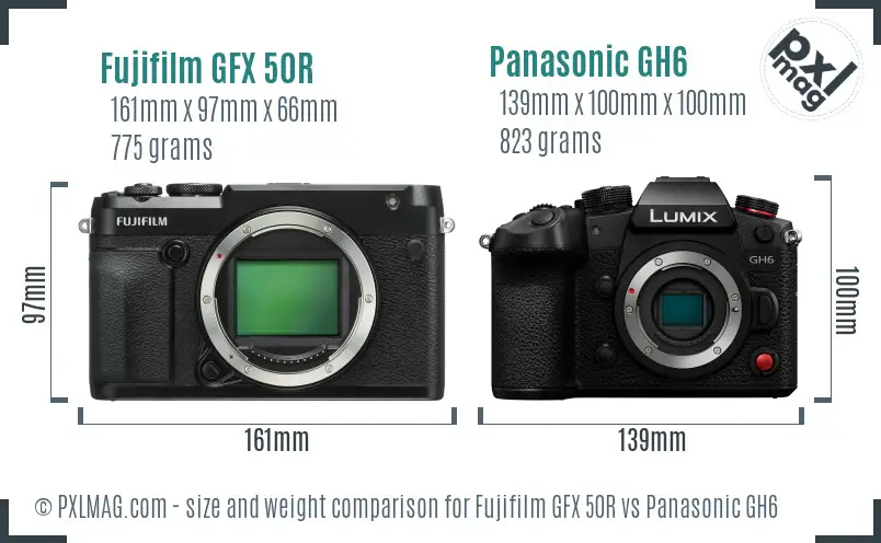 Fujifilm GFX 50R vs Panasonic GH6 size comparison