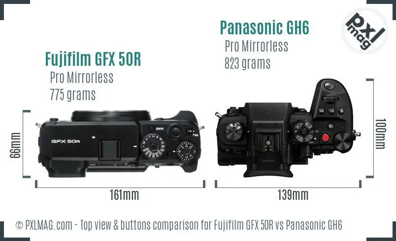 Fujifilm GFX 50R vs Panasonic GH6 top view buttons comparison