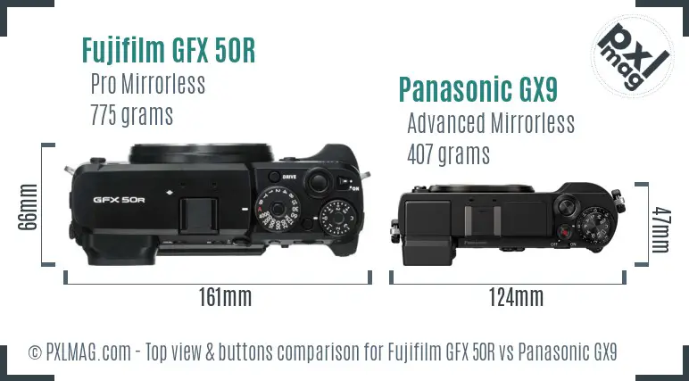 Fujifilm GFX 50R vs Panasonic GX9 top view buttons comparison