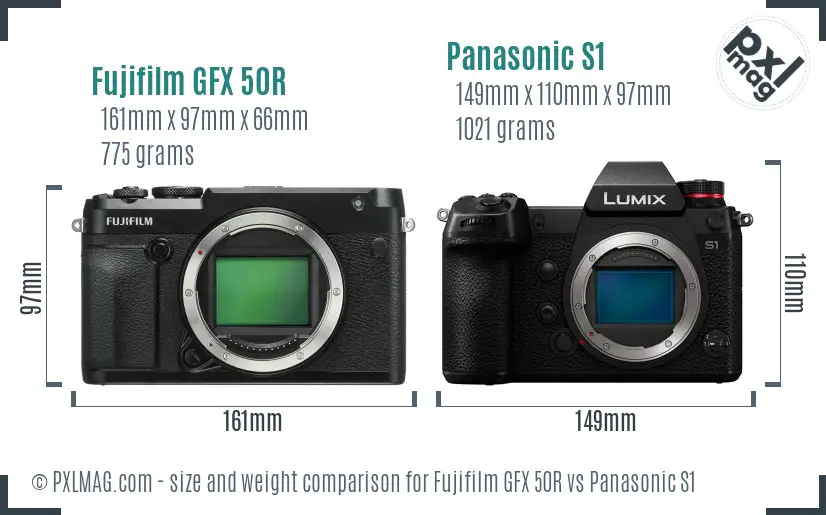 Fujifilm GFX 50R vs Panasonic S1 size comparison