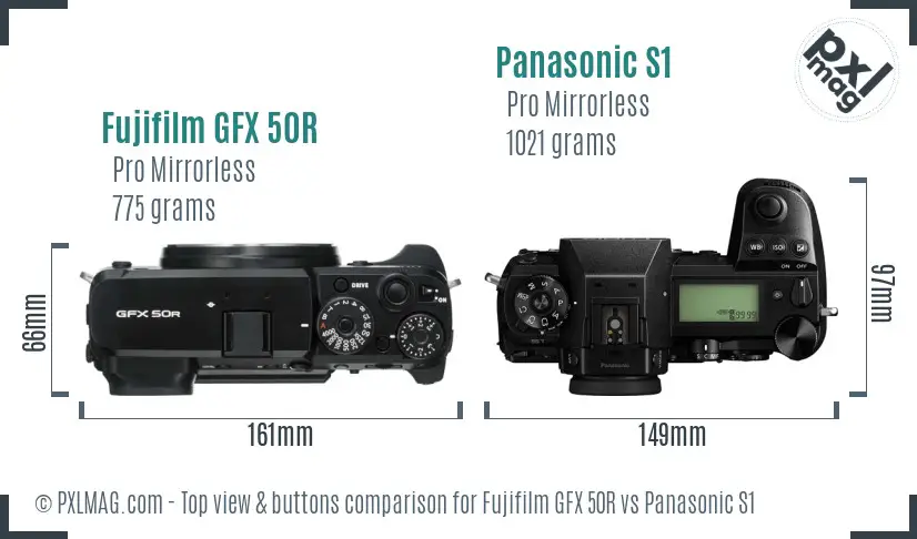 Fujifilm GFX 50R vs Panasonic S1 top view buttons comparison