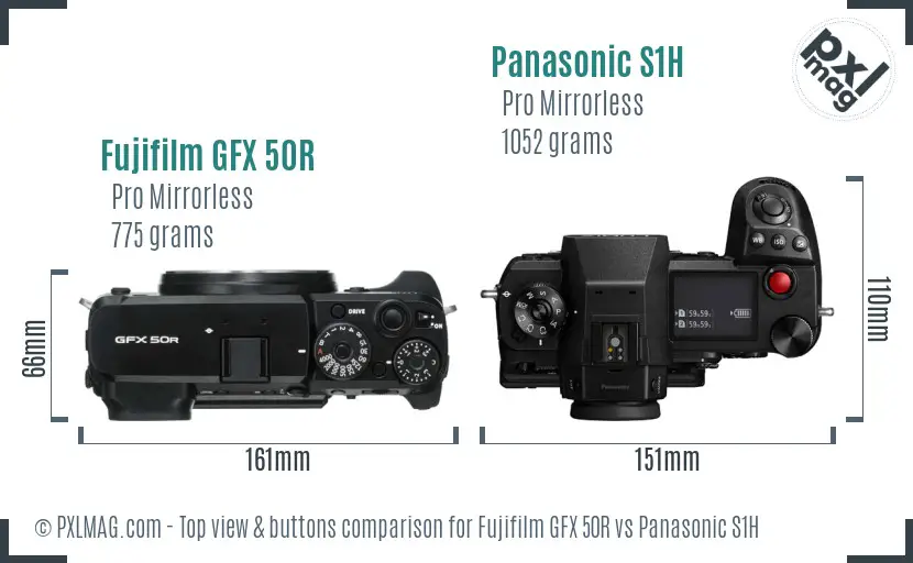 Fujifilm GFX 50R vs Panasonic S1H top view buttons comparison