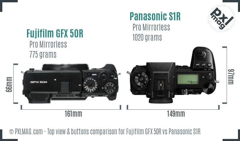 Fujifilm GFX 50R vs Panasonic S1R top view buttons comparison
