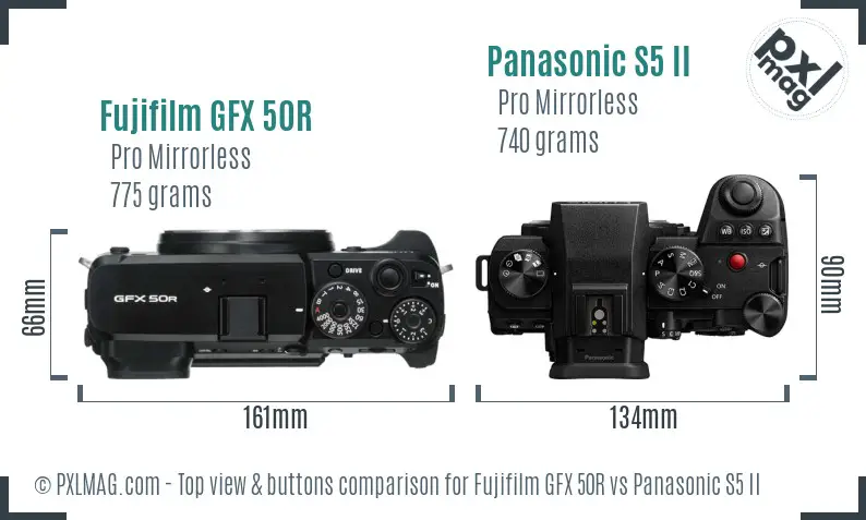 Fujifilm GFX 50R vs Panasonic S5 II top view buttons comparison