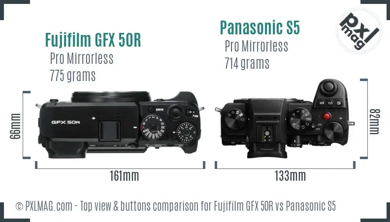 Fujifilm GFX 50R vs Panasonic S5 top view buttons comparison