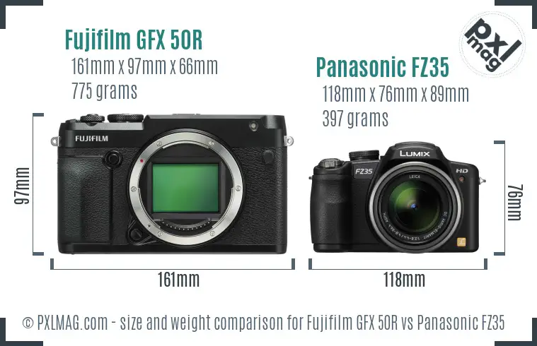 Fujifilm GFX 50R vs Panasonic FZ35 size comparison