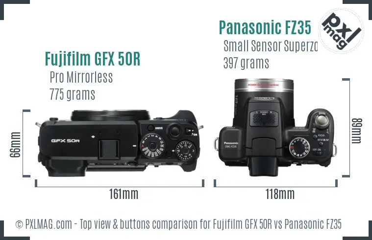 Fujifilm GFX 50R vs Panasonic FZ35 top view buttons comparison