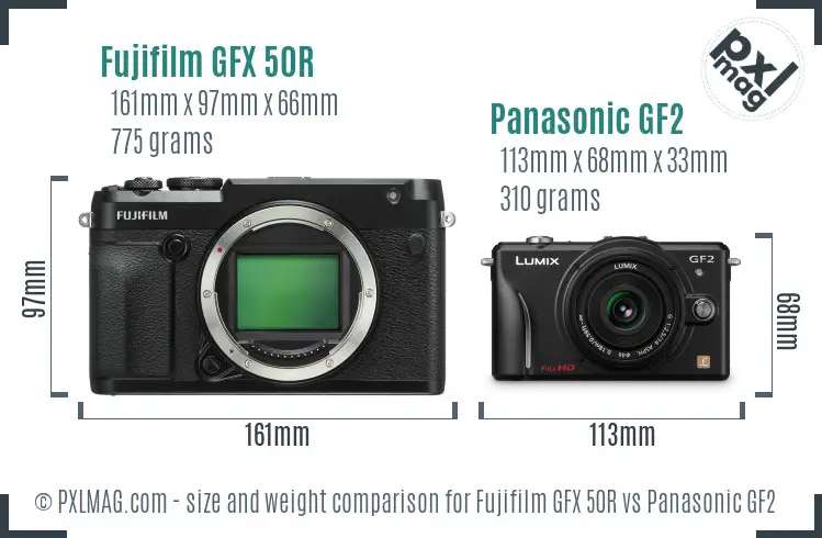 Fujifilm GFX 50R vs Panasonic GF2 size comparison