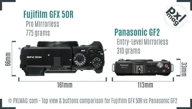 Fujifilm GFX 50R vs Panasonic GF2 top view buttons comparison