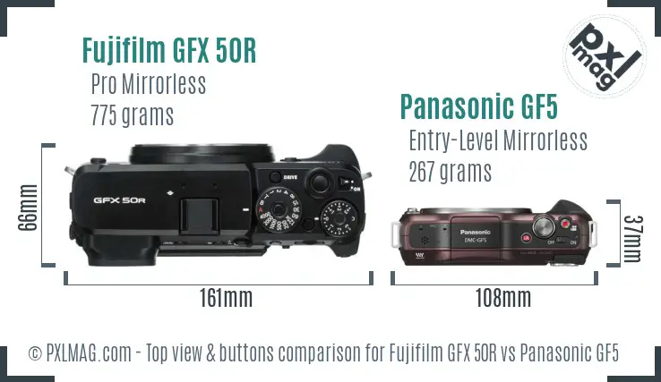 Fujifilm GFX 50R vs Panasonic GF5 top view buttons comparison