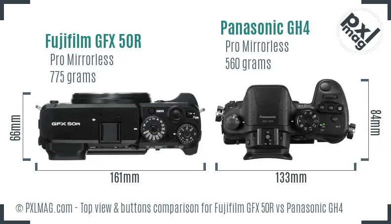 Fujifilm GFX 50R vs Panasonic GH4 top view buttons comparison
