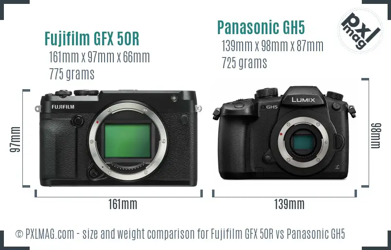 Fujifilm GFX 50R vs Panasonic GH5 size comparison