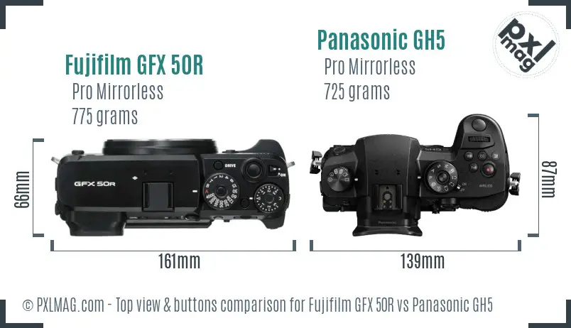 Fujifilm GFX 50R vs Panasonic GH5 top view buttons comparison