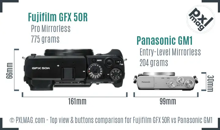 Fujifilm GFX 50R vs Panasonic GM1 top view buttons comparison