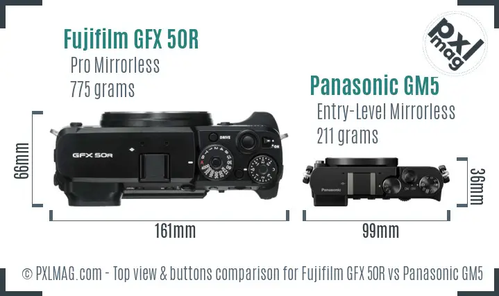 Fujifilm GFX 50R vs Panasonic GM5 top view buttons comparison