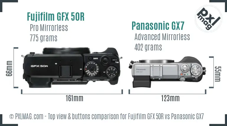 Fujifilm GFX 50R vs Panasonic GX7 top view buttons comparison
