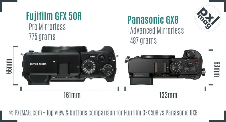 Fujifilm GFX 50R vs Panasonic GX8 top view buttons comparison