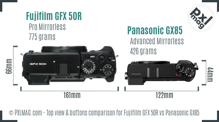 Fujifilm GFX 50R vs Panasonic GX85 top view buttons comparison