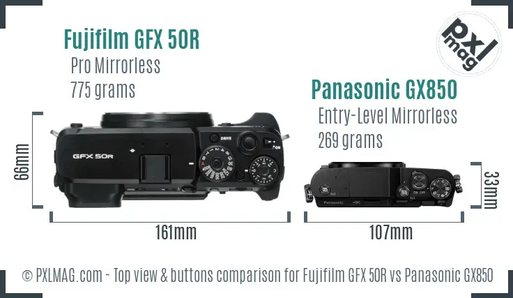 Fujifilm GFX 50R vs Panasonic GX850 top view buttons comparison