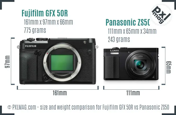 Fujifilm GFX 50R vs Panasonic ZS50 size comparison