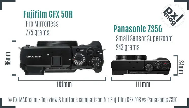 Fujifilm GFX 50R vs Panasonic ZS50 top view buttons comparison