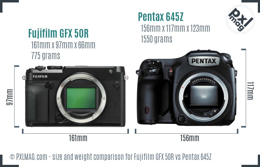 Fujifilm GFX 50R vs Pentax 645Z size comparison