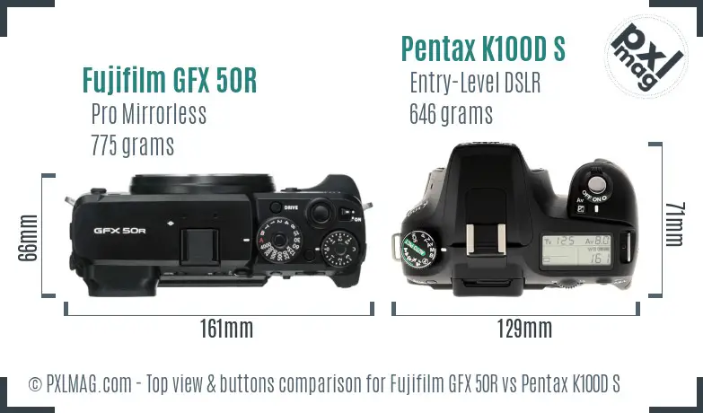 Fujifilm GFX 50R vs Pentax K100D S top view buttons comparison