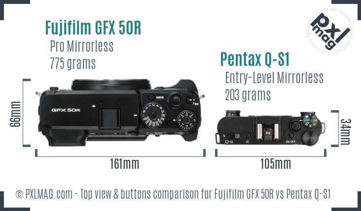 Fujifilm GFX 50R vs Pentax Q-S1 top view buttons comparison
