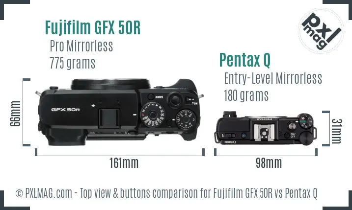 Fujifilm GFX 50R vs Pentax Q top view buttons comparison