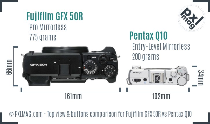 Fujifilm GFX 50R vs Pentax Q10 top view buttons comparison