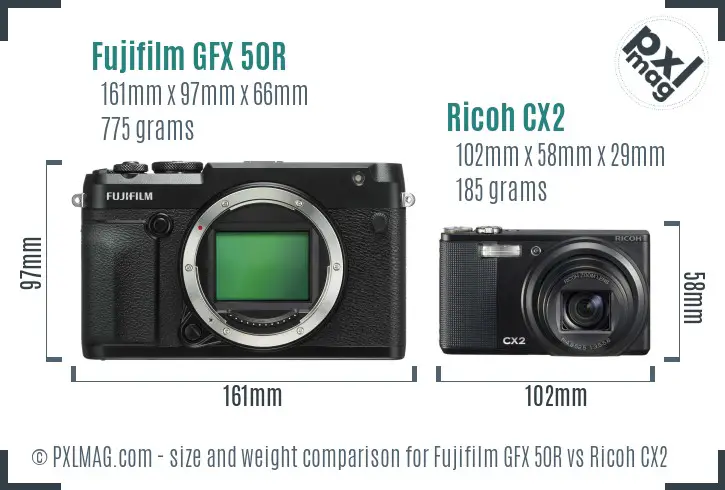 Fujifilm GFX 50R vs Ricoh CX2 size comparison
