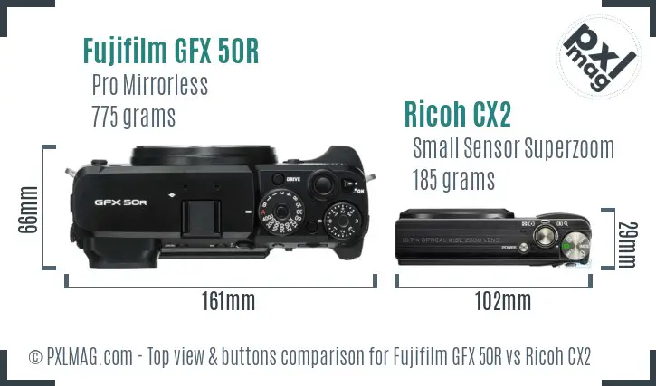 Fujifilm GFX 50R vs Ricoh CX2 top view buttons comparison