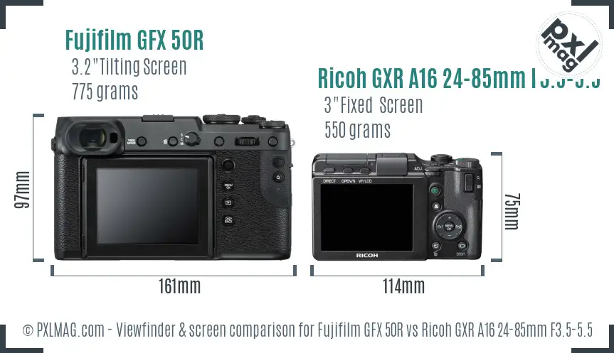 Fujifilm GFX 50R vs Ricoh GXR A16 24-85mm F3.5-5.5 Screen and Viewfinder comparison