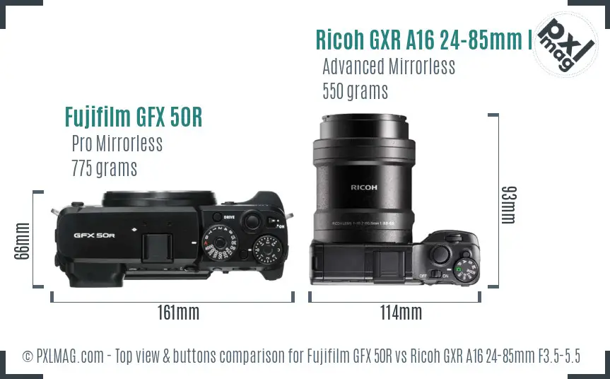 Fujifilm GFX 50R vs Ricoh GXR A16 24-85mm F3.5-5.5 top view buttons comparison