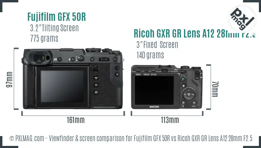 Fujifilm GFX 50R vs Ricoh GXR GR Lens A12 28mm F2.5 Screen and Viewfinder comparison