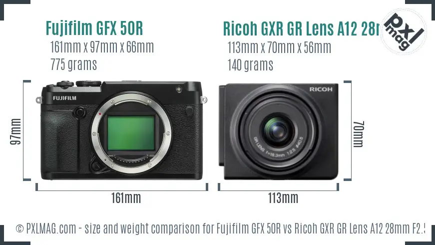 Fujifilm GFX 50R vs Ricoh GXR GR Lens A12 28mm F2.5 size comparison