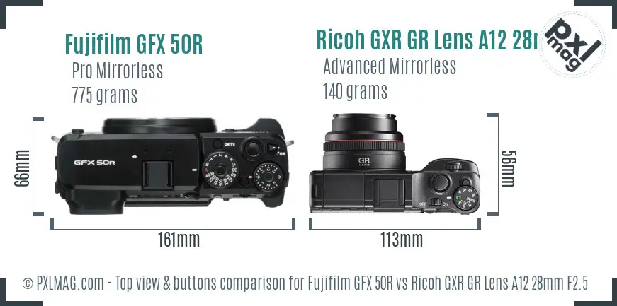 Fujifilm GFX 50R vs Ricoh GXR GR Lens A12 28mm F2.5 top view buttons comparison