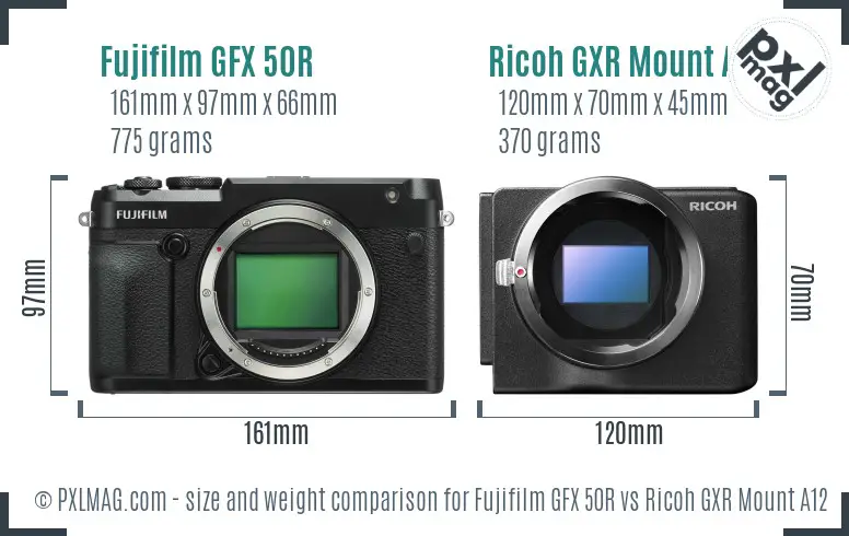 Fujifilm GFX 50R vs Ricoh GXR Mount A12 size comparison