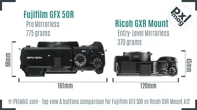 Fujifilm GFX 50R vs Ricoh GXR Mount A12 top view buttons comparison