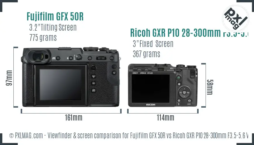 Fujifilm GFX 50R vs Ricoh GXR P10 28-300mm F3.5-5.6 VC Screen and Viewfinder comparison